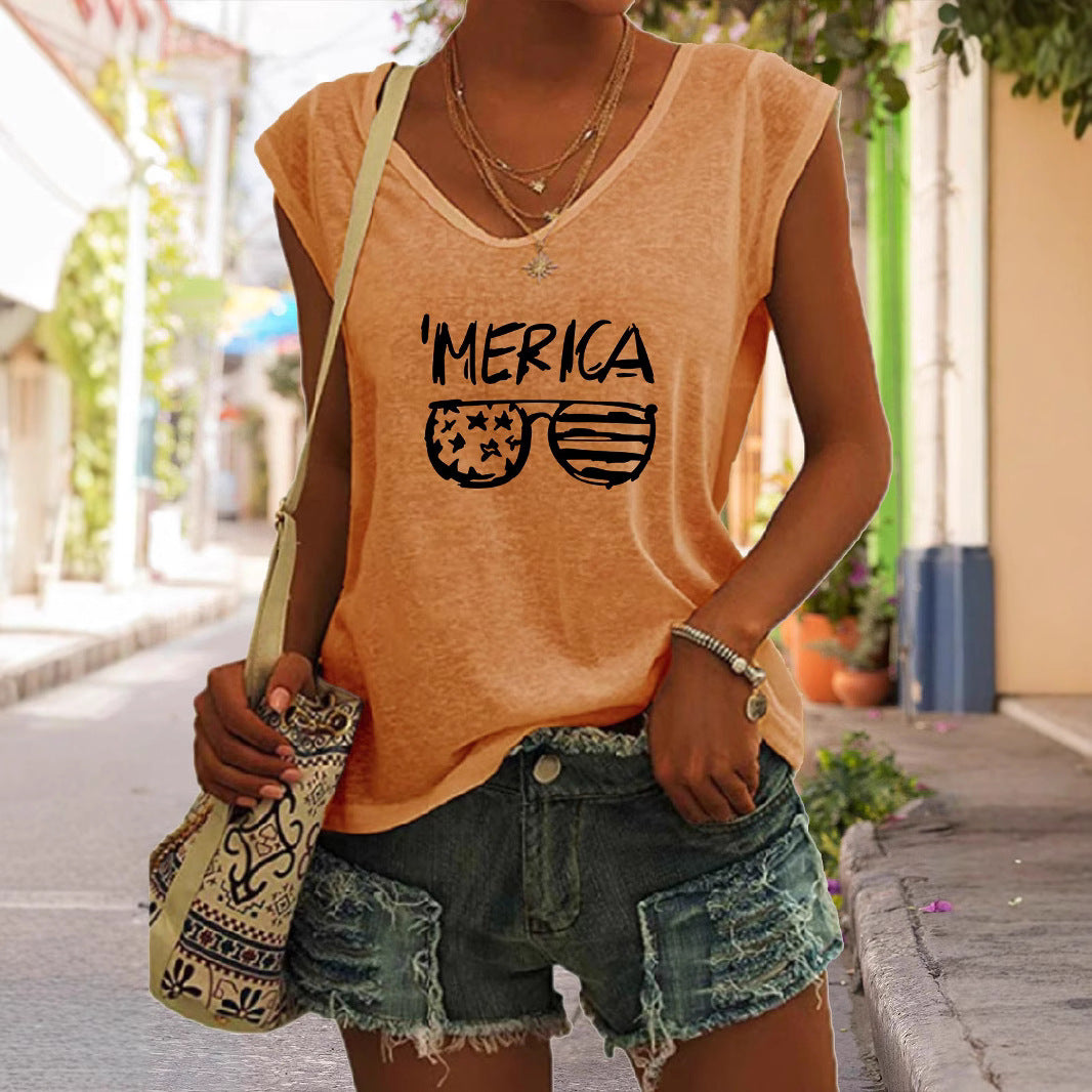 Débardeur Femme à Col V avec Imprimé « ’MERICA » et Motif Lunettes
