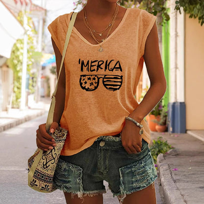 Débardeur Femme à Col V avec Imprimé « ’MERICA » et Motif Lunettes