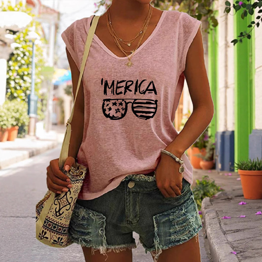 Débardeur Femme à Col V avec Imprimé « ’MERICA » et Motif Lunettes