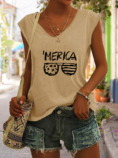 Débardeur Femme à Col V avec Imprimé « ’MERICA » et Motif Lunettes
